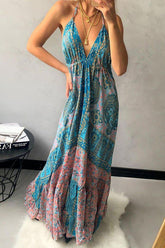 Vestido largo lencero con cuello en V y estampado bohemio
